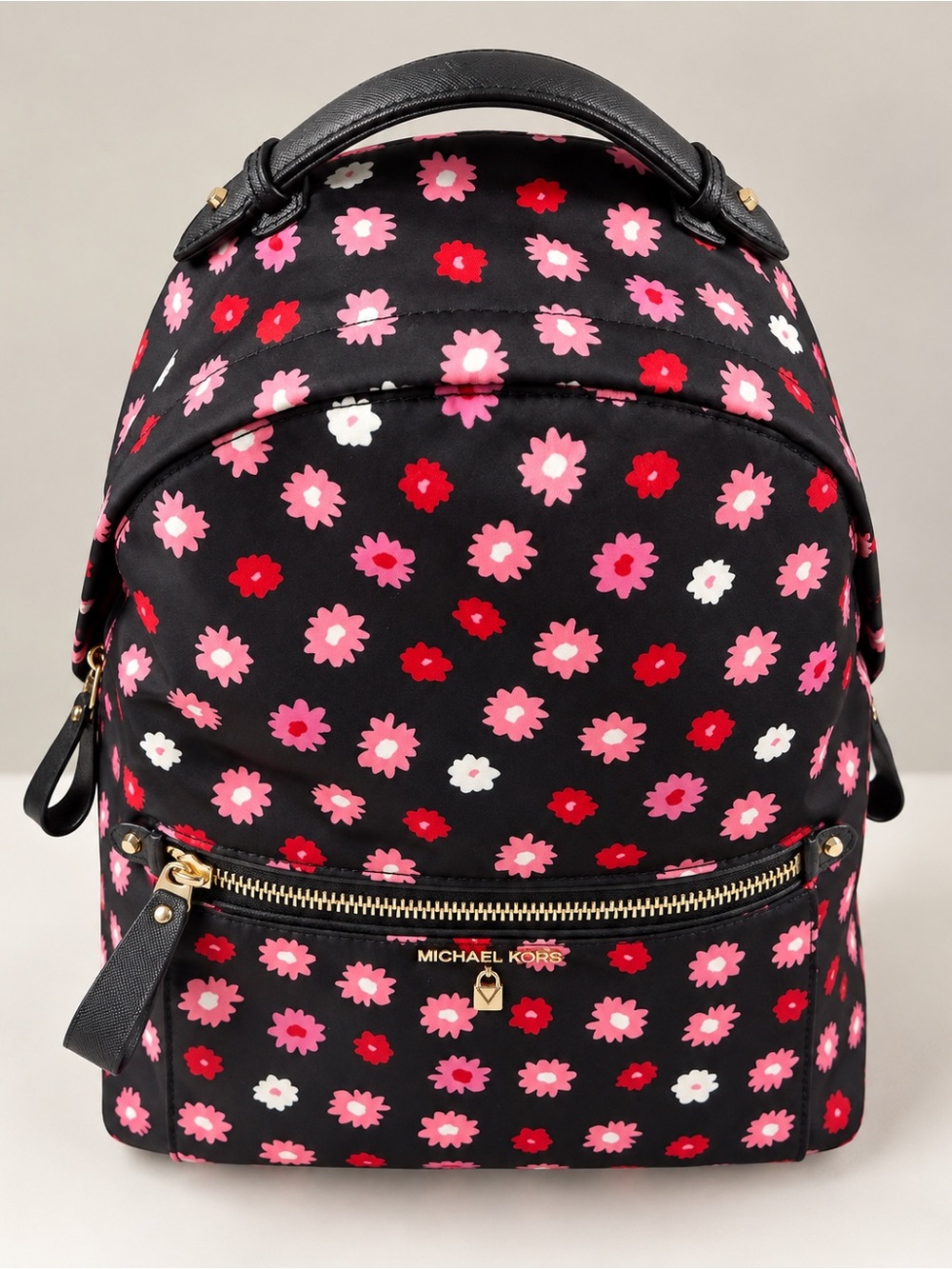 Michael Kors Kelsey Black Ultra Pink Ruby Jewel Floral Large Nylon Backpack